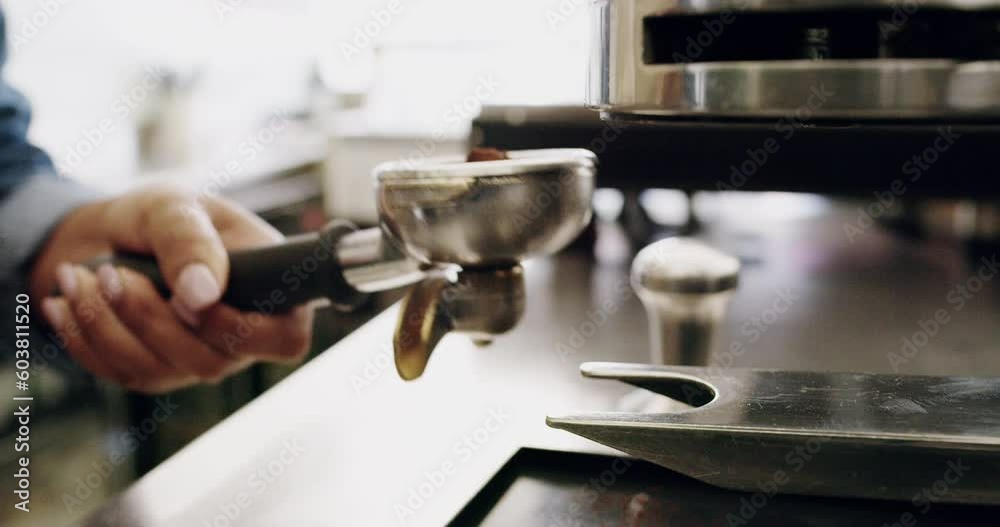 Hands, barista and coffee machine with a woman waitress at work in a cafe for service closeup. Kitchen, small business and preparation with a female person working in a diner, bistro or cafeteria Hands, barista and coffee machine with a woman waitress at work in a cafe for service closeup. Kitchen, small business and preparation with a female person working in a diner, bistro or cafeteria