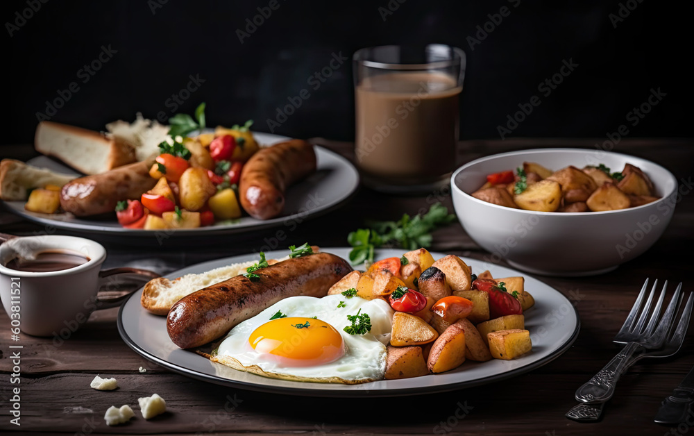 Breakfast with sausages eggs and potatoes with vegetables created with Generative AI technology Breakfast with sausages eggs and potatoes with vegetables created with Generative AI technology