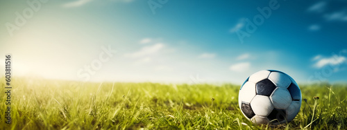 Football ball on the grass, sun rays, blue sky background. Football match. Banner. AI generated