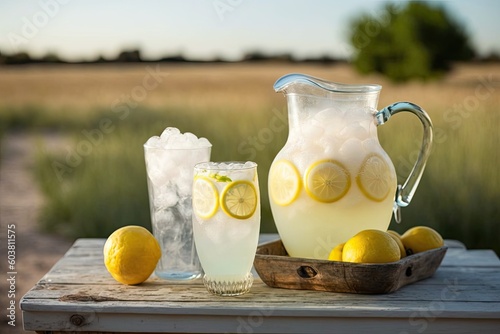 refreshing lemonade and glasses on a sunny da. Generative AI