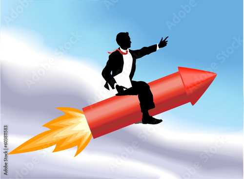 A business man sitting astride a rocket and flying through the air. No meshes used.