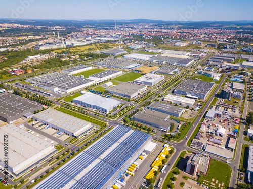 Aerial view of industrial zone and technology park on Bory suburb of Pilsen city in Czech Republic, Europe. Industrial fields from above. Background concept.
