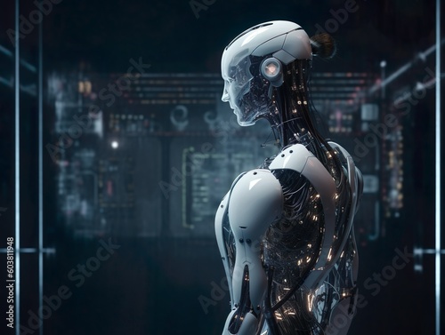 A female futuristic ai robot in a digital technological interface