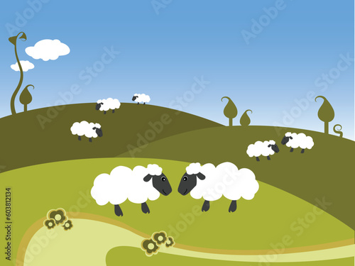 illustration of black sheeps on a hill