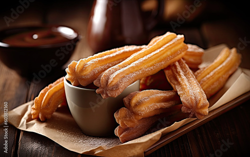 churros and chocolate dipping sauce created with Generative AI technology photo