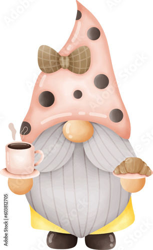 A cute gnome wearing a pink hat with a brown bow and right hand holding a coffee mug, left hand holding a croissant