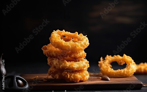 golden battered breaded deep onion rings created with Generative AI technology photo