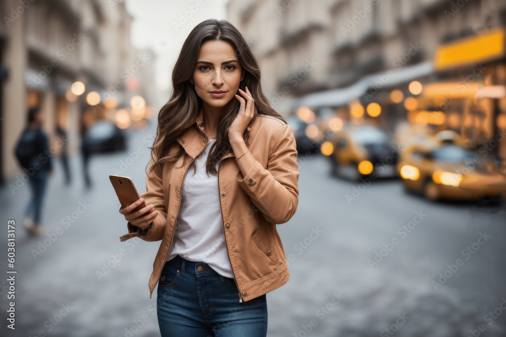 Young woman calling a taxi in an urban city. Generative AI. Young woman calling a taxi in an urban city. Generative AI.