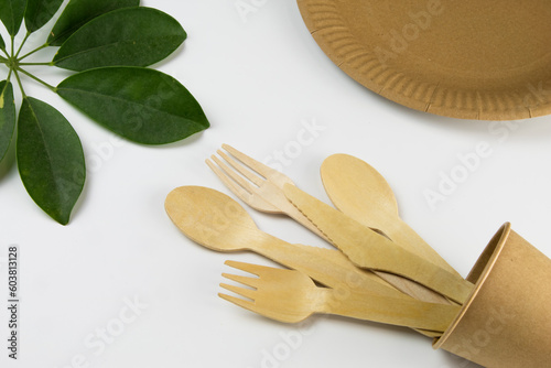 Set of eco-friendly tableware. Recyclable paperware, zero waste packaging concept. Flat lay style.