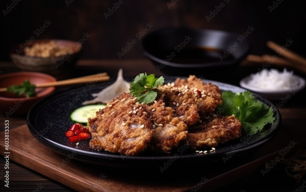 Fried veal with chili with onion cucumber sesame created with Generative AI technology