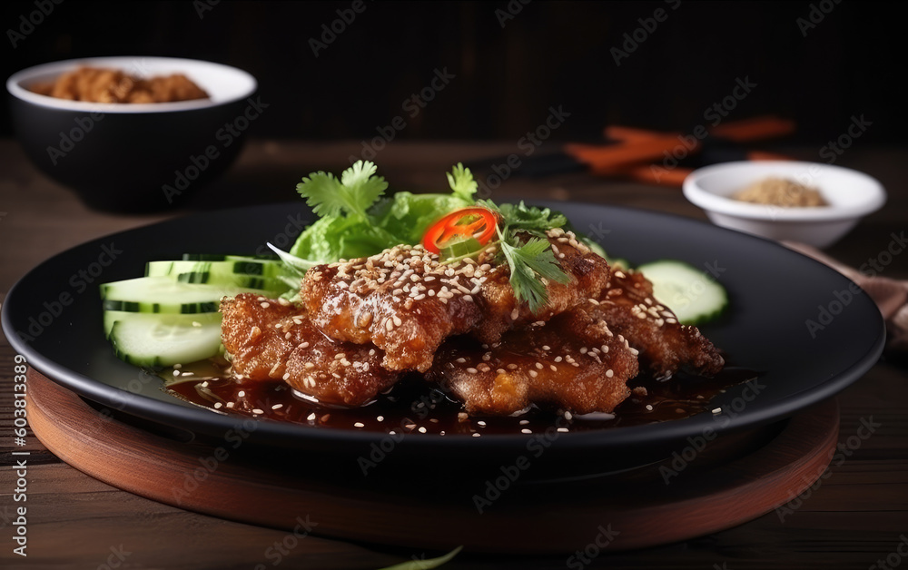 Fototapeta premium Fried veal with chili with onion cucumber sesame created with Generative AI technology