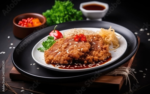 Fried veal with chili with onion cucumber sesame created with Generative AI technology