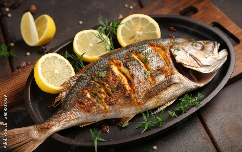 Grilled dorada fish created with Generative AI technology