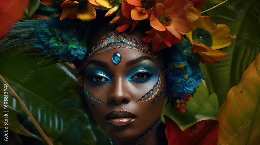 African woman with a colorful flower shawl on her head created with generative AI technology African woman with a colorful flower shawl on her head created with generative AI technology
