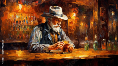 Old Cowboy at Saloon in the Wild West created with generative AI technology