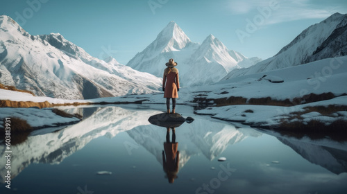Woman tourist looks up at mountains created with generative AI technology