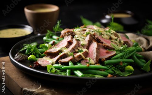 Grilled meat salad with green beans created with Generative AI technology