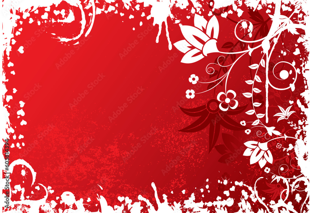 Valentines grunge background with flowers and hearts, vector illustration