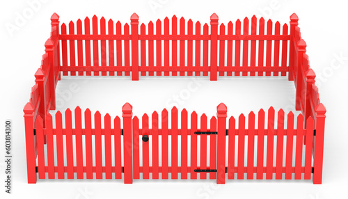 Wooden picket fence on white background that separates the objects