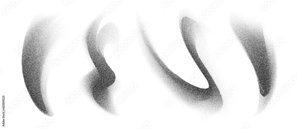Charcoal splashes, black dotwork grain texture, abstract stipple sand effect, gradient from dots isolated on white background. Vector illustration.