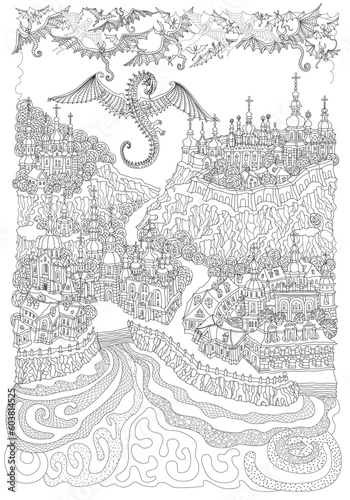 Vector fantasy landscape, fairy tale small town on the river bank, dragon, angels and demons in the sky. Adults Coloring Book page 