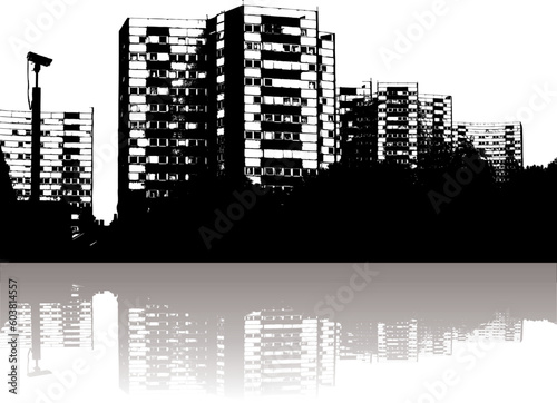 Illustration of a city skyline with reflection in black and white
