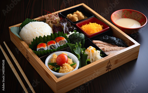 Japanese bento lunch set created with Generative AI technology