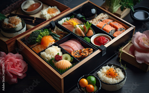 Japanese bento lunch set created with Generative AI technology