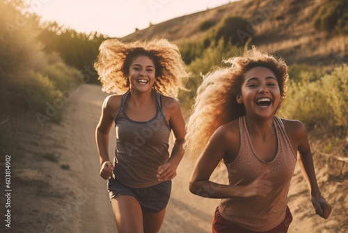 Two young women with dark complexion and curly hair running happily on a dirt path in the countryside