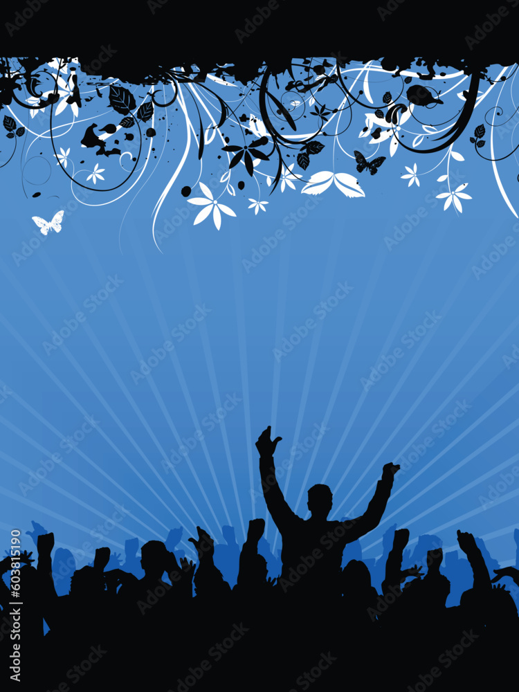 Silhouette of a party crowd on floral background Silhouette of a party crowd on floral background