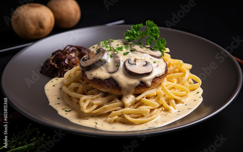 Mushroom spaghetti pasta and white cream sauce created with Generative AI technology