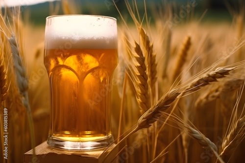 Glass of light wheat beer in the ears of wheat. Generative AI.