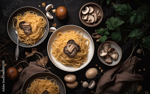 Mushroom spaghetti pasta and white cream sauce top viewcreated with Generative AI technology