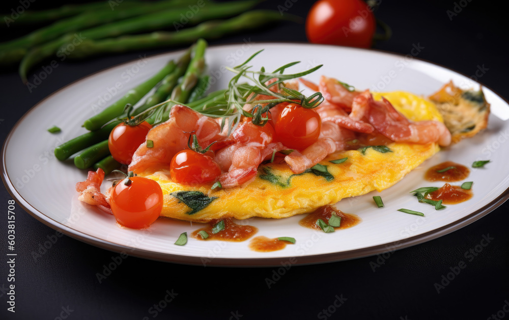 Omelet with shrimp bacon and grilled tomatoes created with Generative AI technology Omelet with shrimp bacon and grilled tomatoes created with Generative AI technology