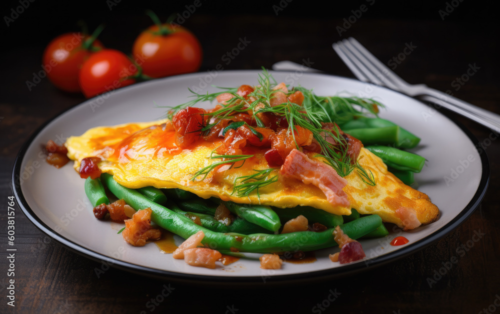 Omelet with shrimp bacon and grilled tomatoes created with Generative AI technology Omelet with shrimp bacon and grilled tomatoes created with Generative AI technology
