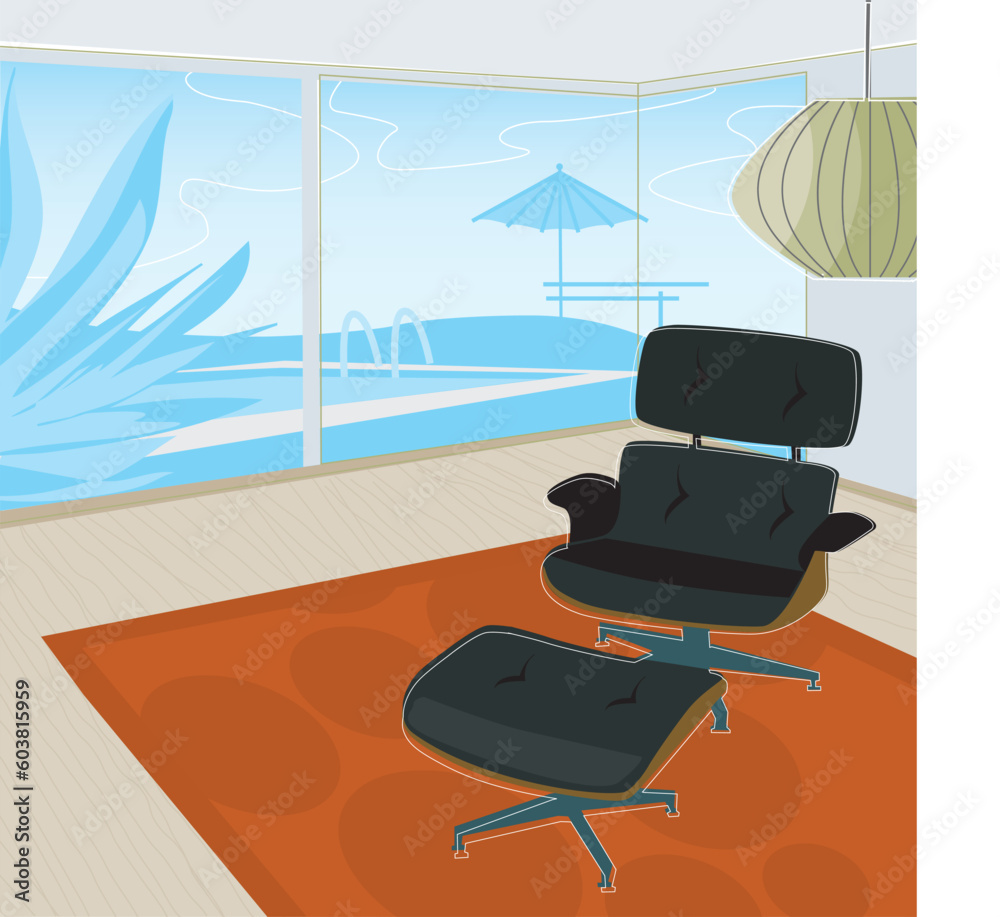 Fototapeta premium Retro-stylized modern lounge chair with view of swimming pool. Each item is grouped so you can use them independently from the background. Layered file for easy edit.
