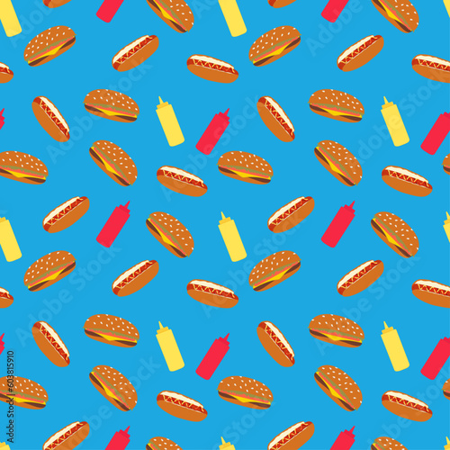 seamless pattern with cheeseburgers, hotdogs, mustard and catsup on a bright blue background