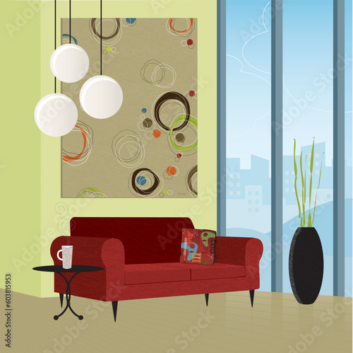 Modern living room; colorful and stylized. Each item is grouped so you can use them independently from the background. Easy-edit layered file.