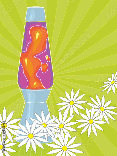 Retro-stylized lamp with white daisies on a radiating line background. Each item is whole and grouped so you can use them independently from the background. Layered file for easy edit.