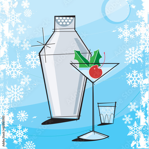 Retro-stylized Holiday Martini with grunge snowflake frame. Each item is grouped so you can use them independently from the background. Layered file for easy edit