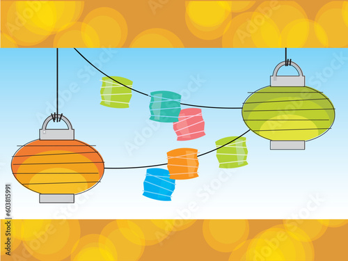 Retro Summer Paper lanterns and Party Lights with a cool background.     Also available as a vector with objects grouped so you can use them independently from background. Layered file for easy edit.