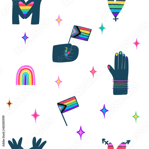 Seamless pattern with elements such as hands, hearts, rainbows, sparkels, glitter. Celebrating pride month and the LGBTQ plus community. Vibrant acid colors.
