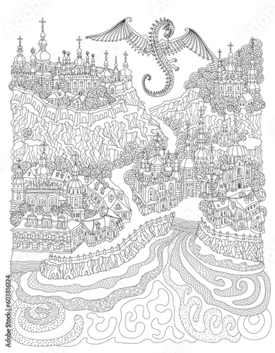 Vector fantasy landscape, fairy tale small town on the river bank, dragon in the sky. Adults Coloring Book page 