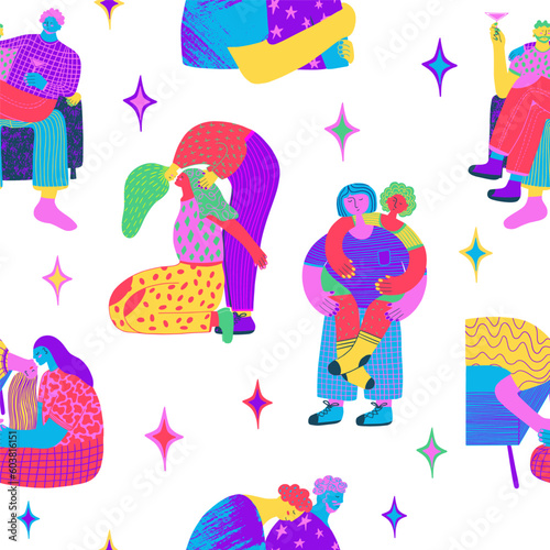 Seamless pattern with queer people showing affection to each other. Gay and lesbian couples. Celebrating pride month and the LGBTQ plus community. Vibrant acid colors.
