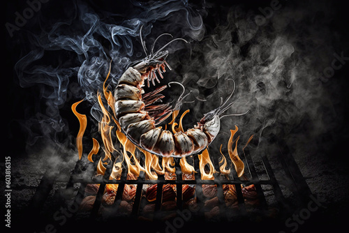 Grilled shrimp, dark background, fire, smoke. Generative AI. © Oksana