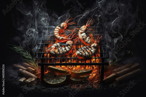 Grilled shrimp, dark background, fire, smoke. Generative AI.