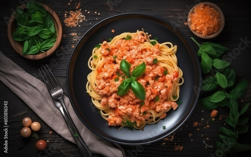 Pasta with salmon tartare and tomato sauce top view created with Generative AI technology