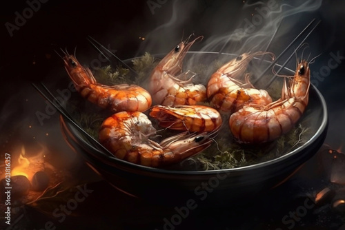Grilled shrimp, dark background, fire, smoke. Generative AI.