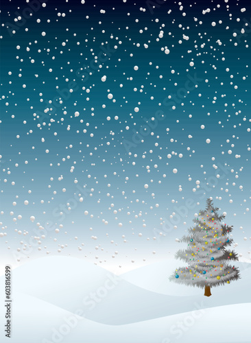evening winter snow flurry with a christmas tree that is decorated