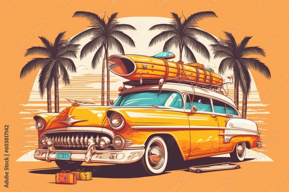 car with a surfboard on its roof driving towards the beach. Generative AI